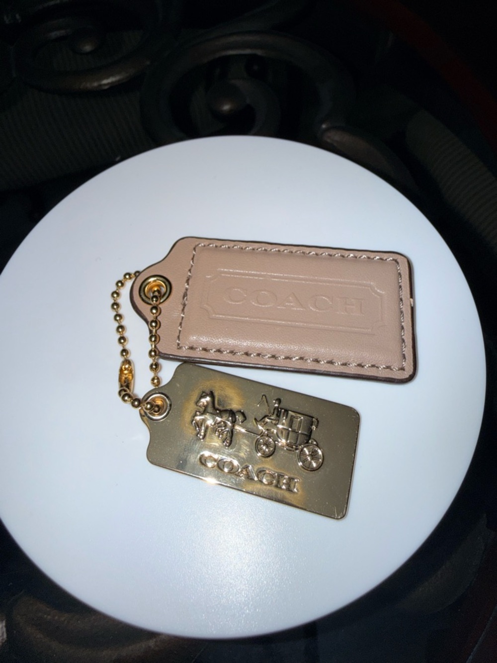Coach Set of Blush Pink Leather and Gold Tone Coach Charm